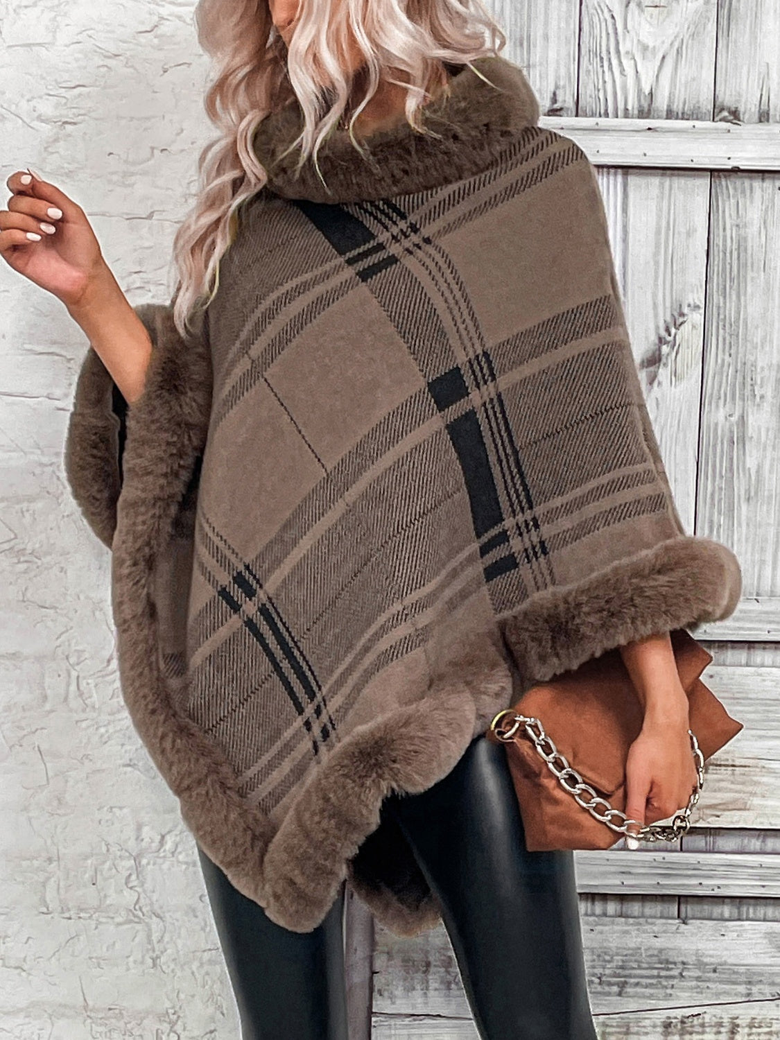 Plaid Faux Fur Trim Poncho