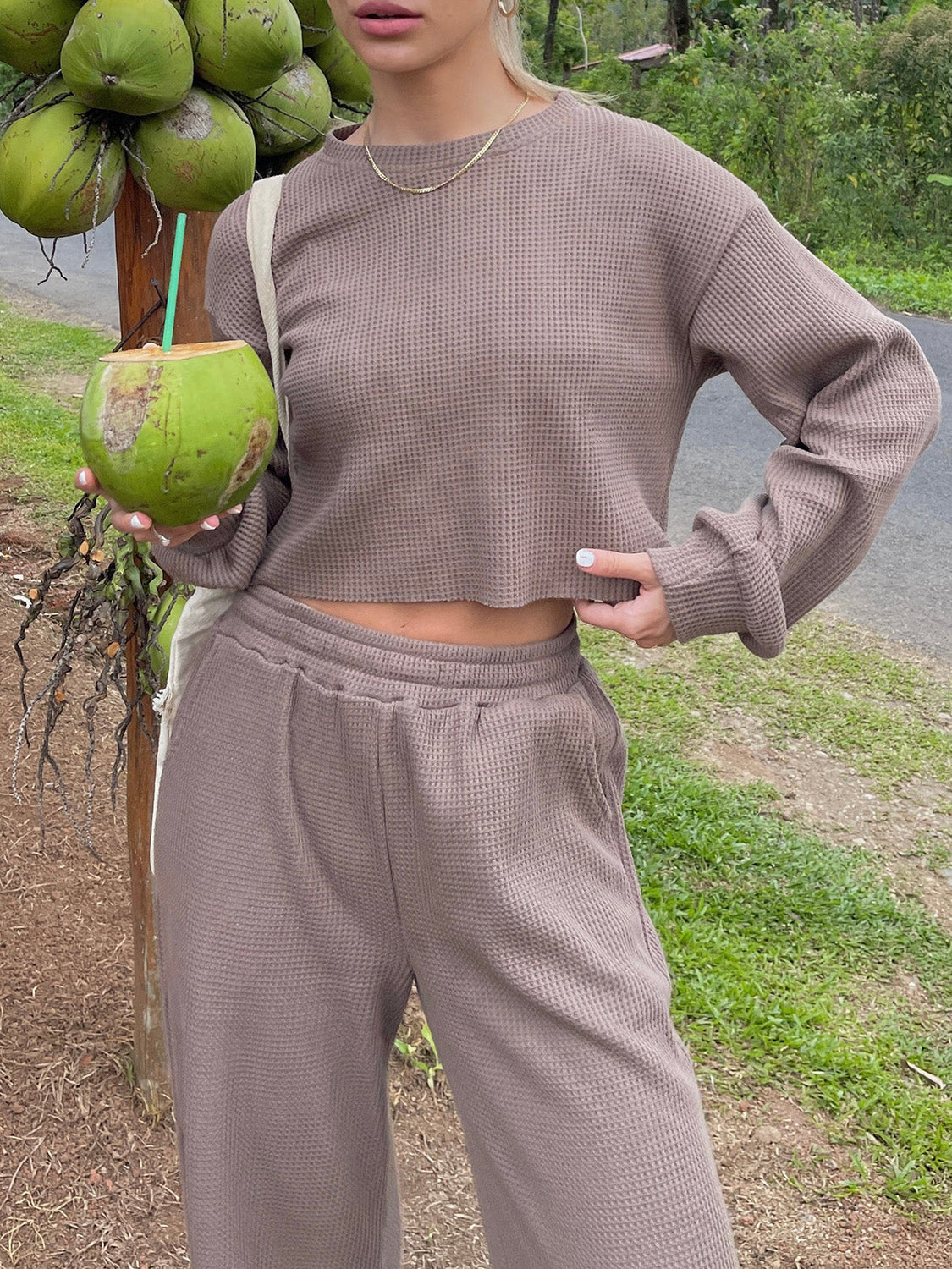 Waffle-Knit Round Neck Top and Pants Set