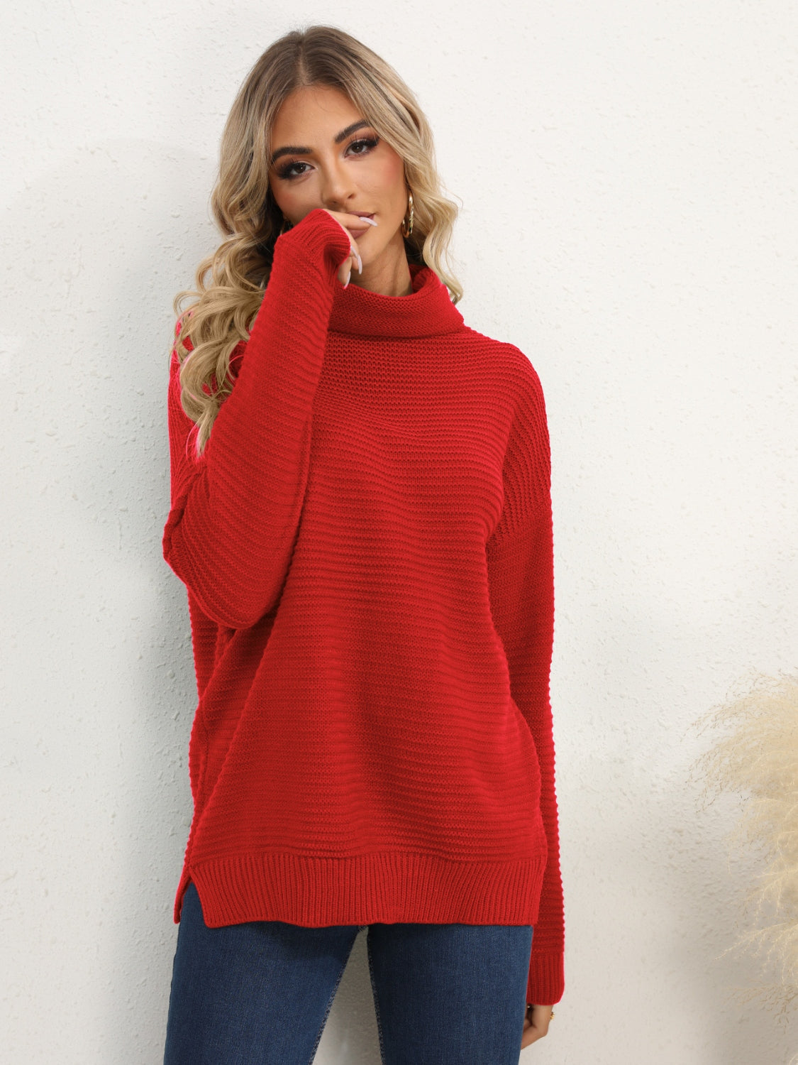 Slit Turtleneck Dropped Shoulder Sweater