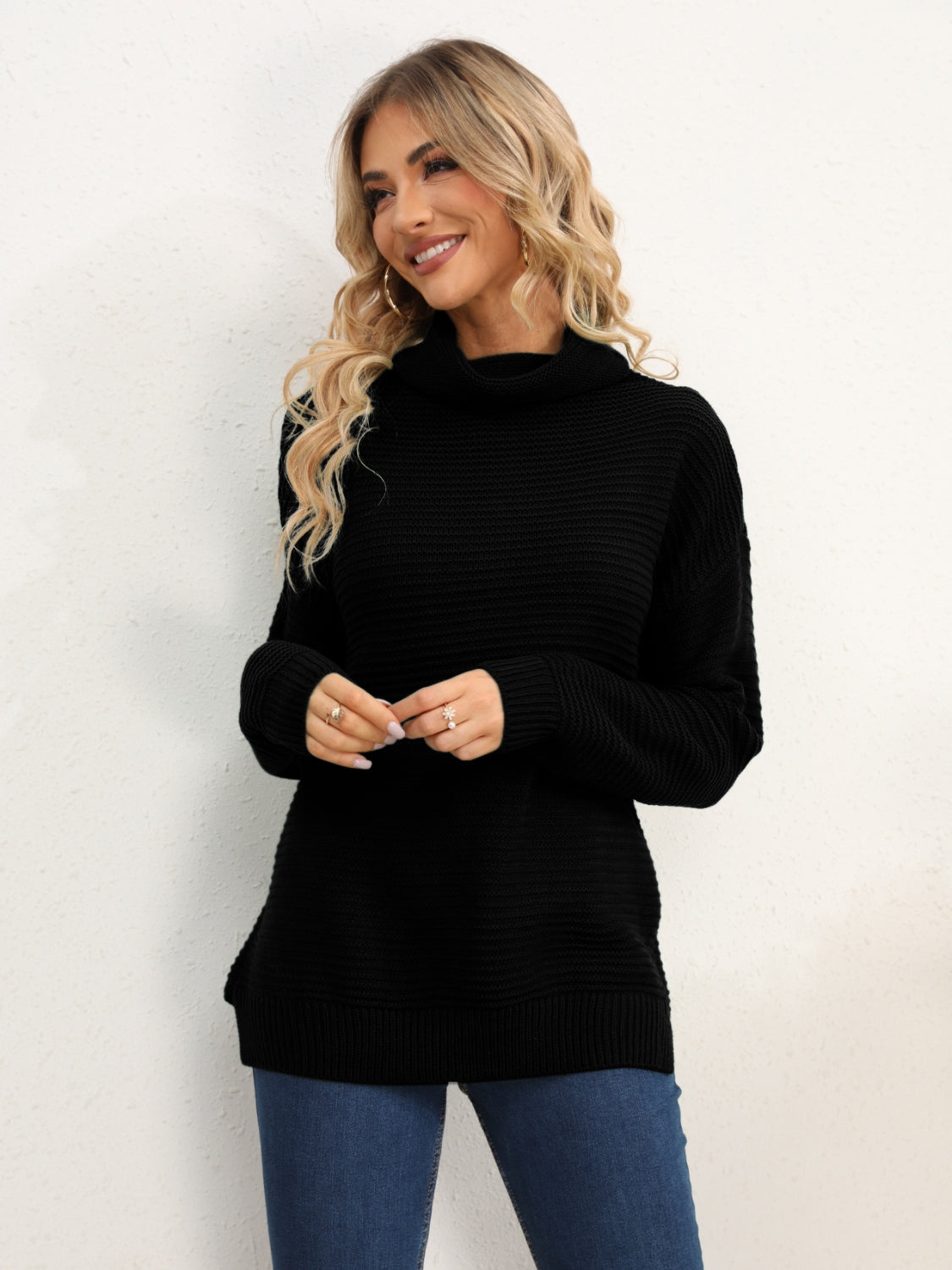 Slit Turtleneck Dropped Shoulder Sweater